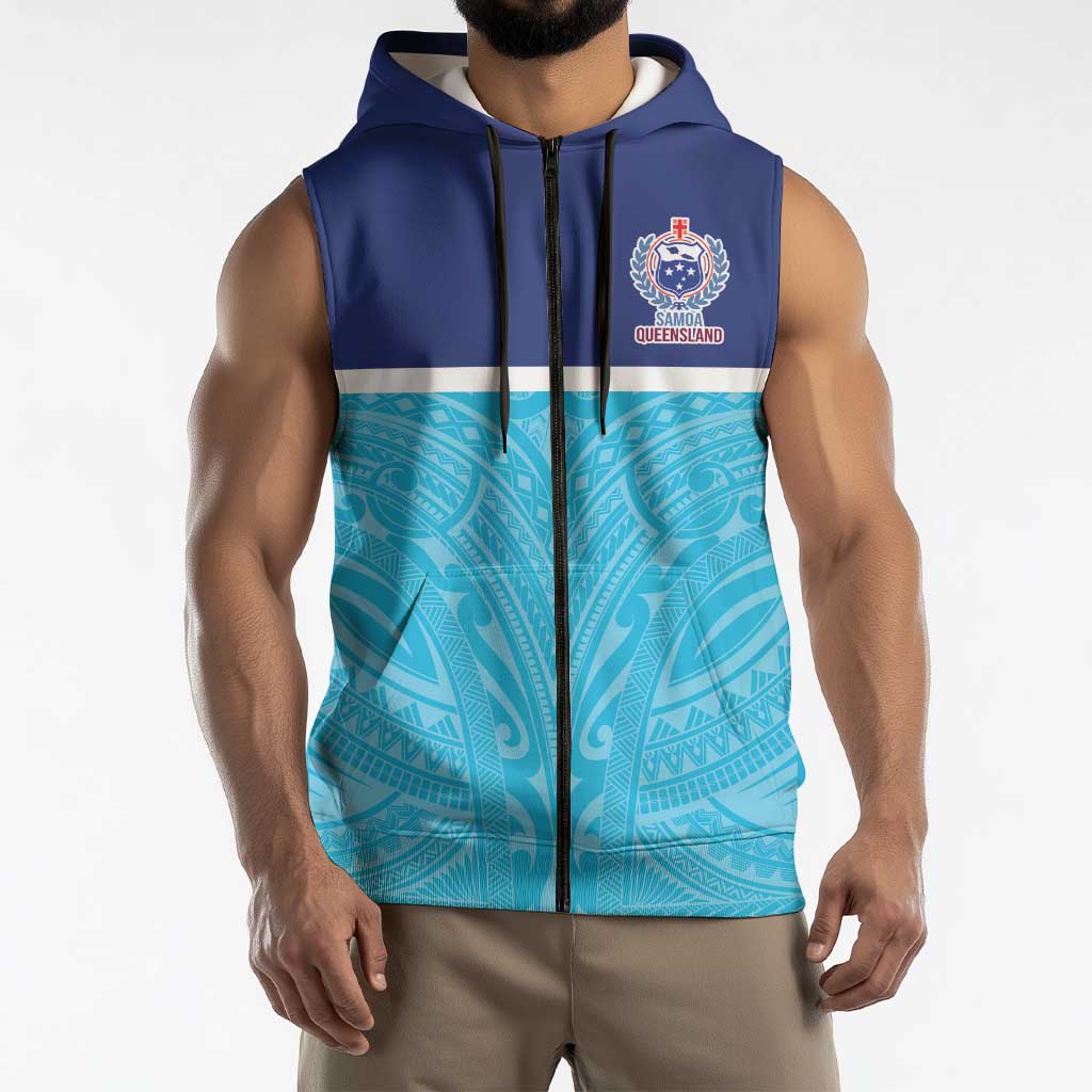 Queensland Samoa Custom Sleeveless Zip Hoodie Blue Pacific Polynesian Tribal Pattern LT9 - Polynesian Pride