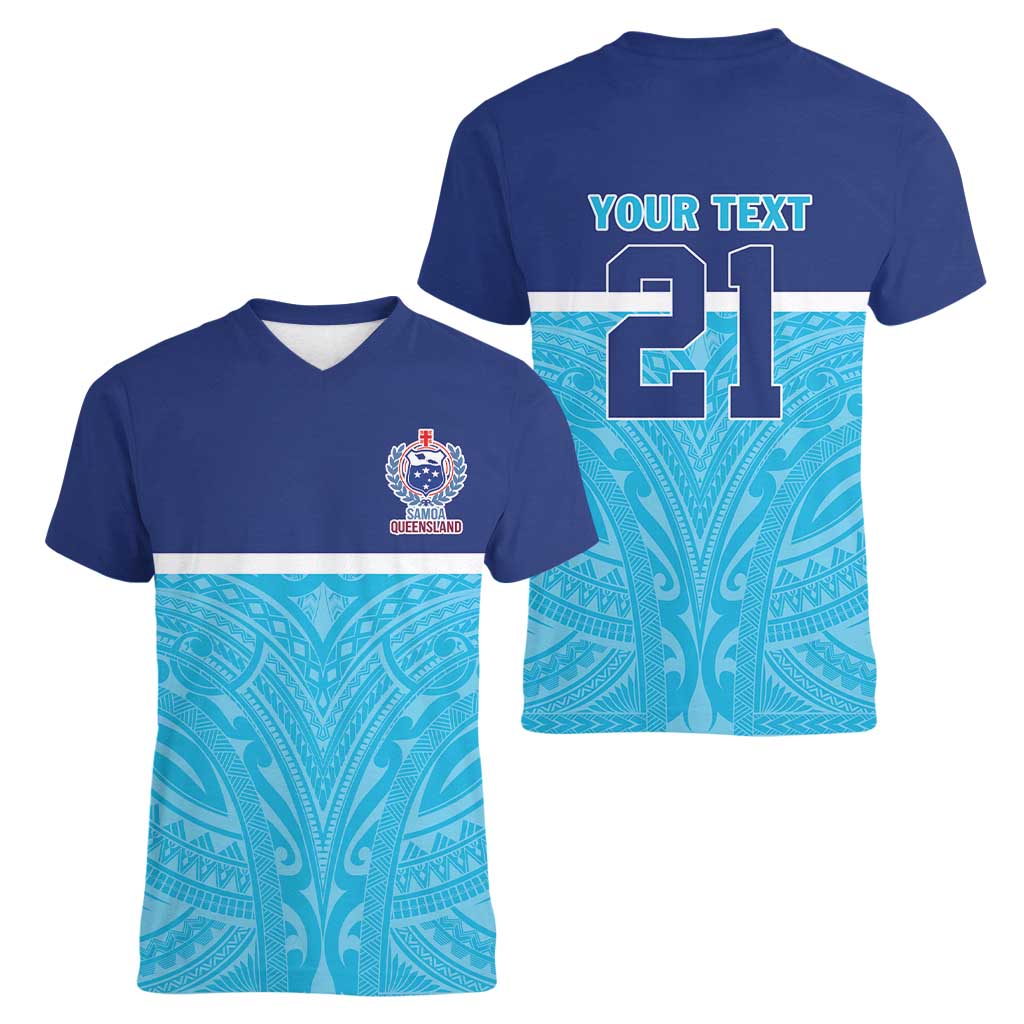 Queensland Samoa Custom Women V-Neck T-Shirt Blue Pacific Polynesian Tribal Pattern