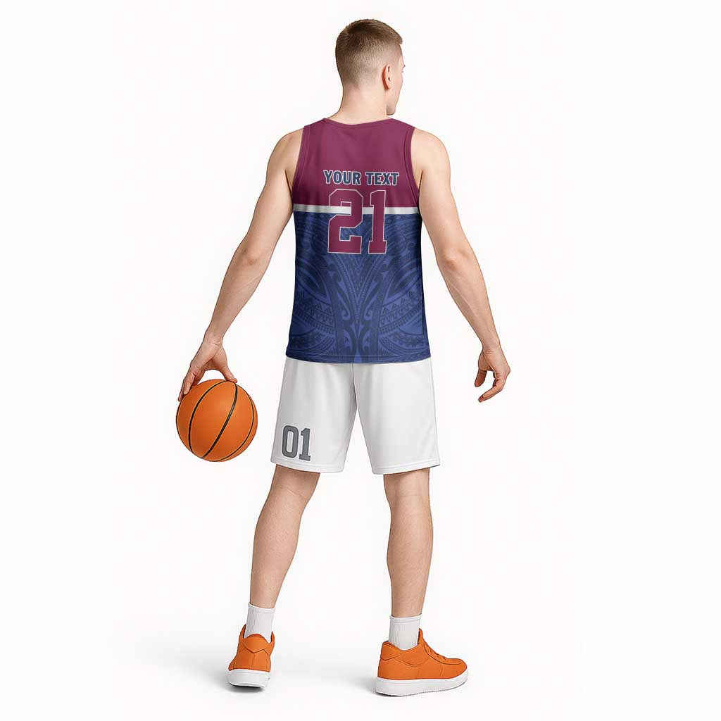 Queensland Samoa Custom Basketball Jersey Maroon-Blue Pacific Polynesian Tribal Pattern LT9 - Polynesian Pride