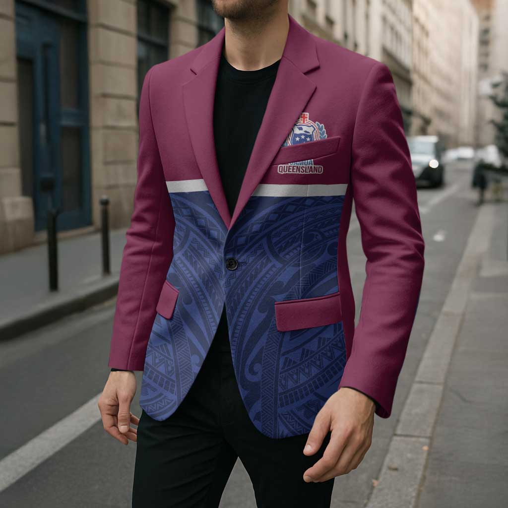 Queensland Samoa Custom Blazer Maroon-Blue Pacific Polynesian Tribal Pattern - Polynesian Pride