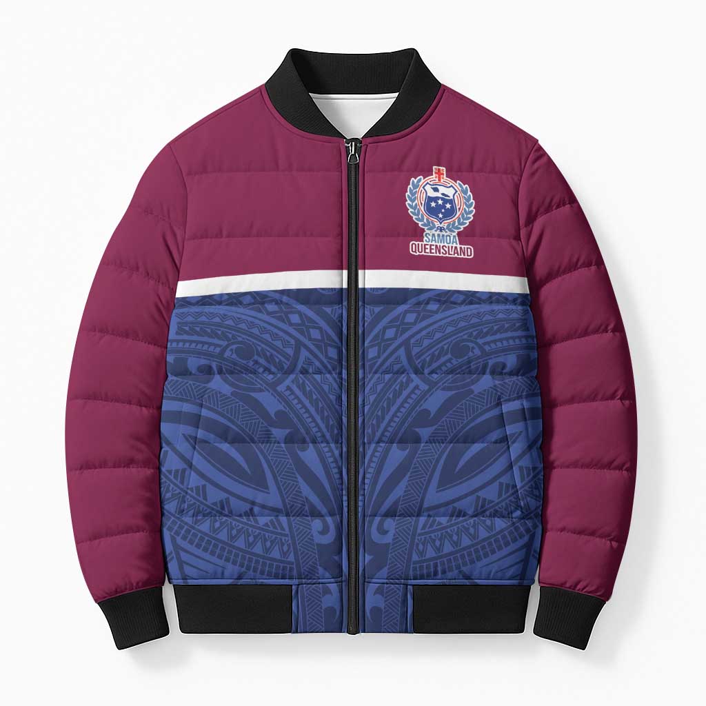 Queensland Samoa Custom Bomber Puffer Jacket Maroon-Blue Pacific Polynesian Tribal Pattern LT9 Unisex Dark Blue - Polynesian Pride