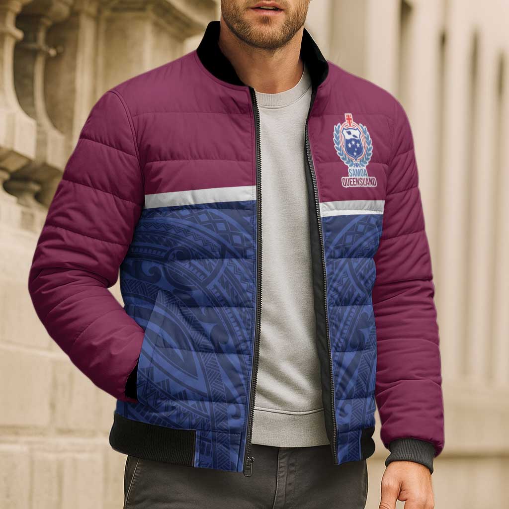 Queensland Samoa Custom Bomber Puffer Jacket Maroon-Blue Pacific Polynesian Tribal Pattern LT9 - Polynesian Pride