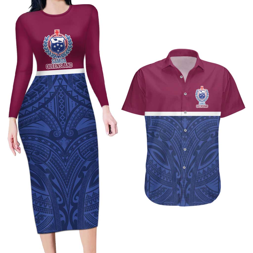 Queensland Samoa Custom Couples Matching Long Sleeve Bodycon Dress and Hawaiian Shirt Maroon-Blue Pacific Polynesian Tribal Pattern LT9 Dark Blue - Polynesian Pride