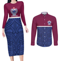 Queensland Samoa Custom Couples Matching Long Sleeve Bodycon Dress and Long Sleeve Button Shirt Maroon-Blue Pacific Polynesian Tribal Pattern LT9 Dark Blue - Polynesian Pride