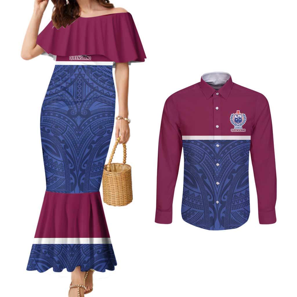 Queensland Samoa Custom Couples Matching Mermaid Dress and Long Sleeve Button Shirt Maroon-Blue Pacific Polynesian Tribal Pattern LT9 Dark Blue - Polynesian Pride