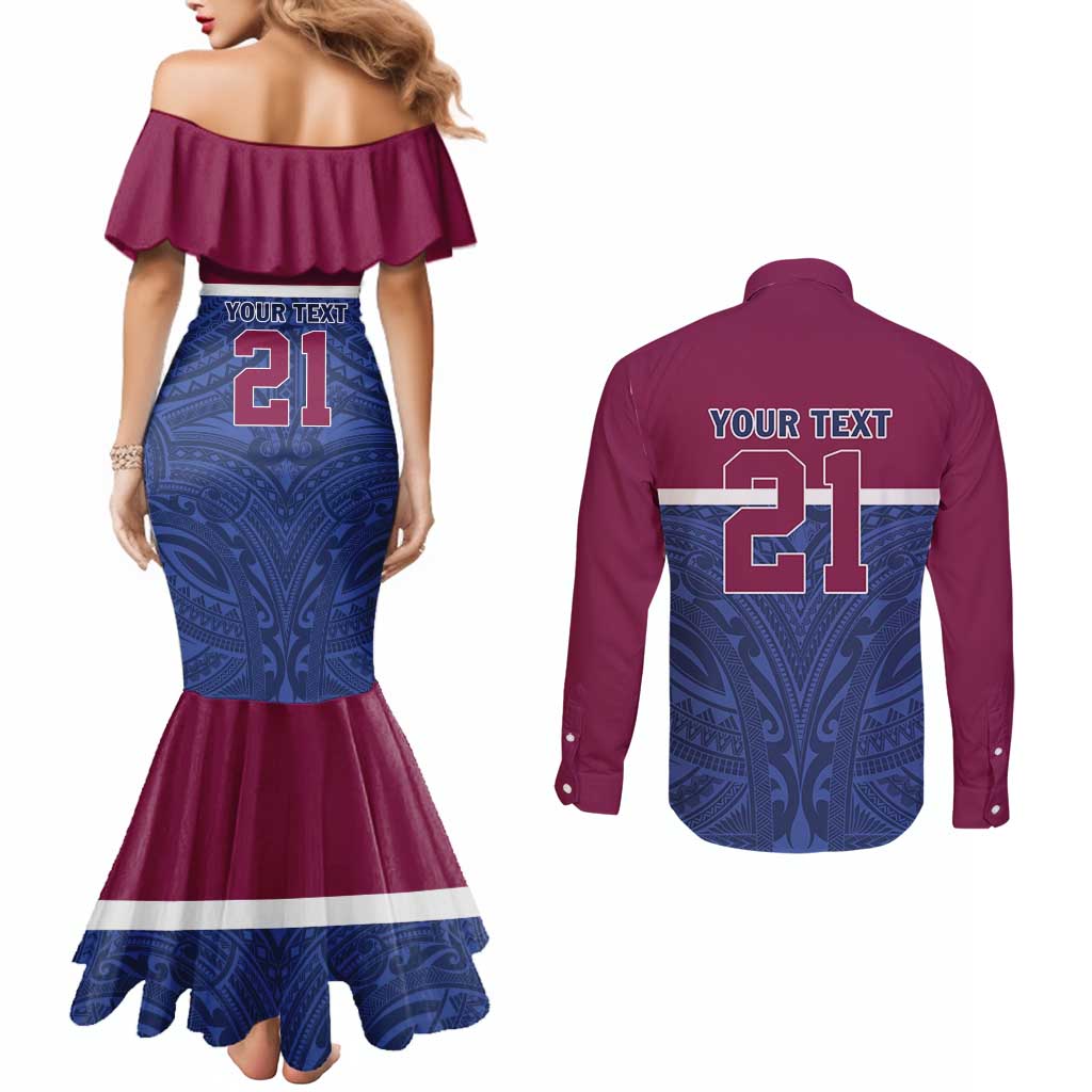 Queensland Samoa Custom Couples Matching Mermaid Dress and Long Sleeve Button Shirt Maroon-Blue Pacific Polynesian Tribal Pattern LT9 - Polynesian Pride