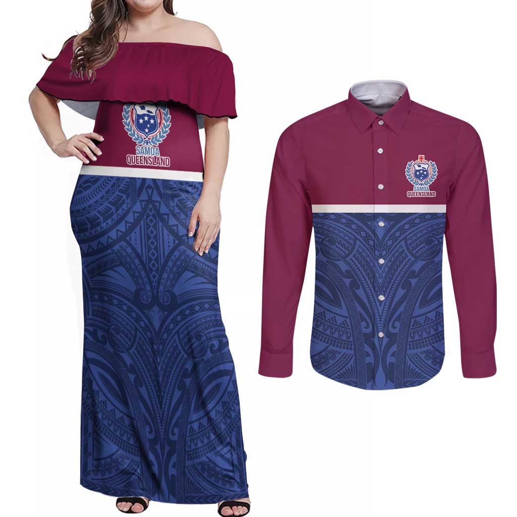 Queensland Samoa Custom Couples Matching Off Shoulder Maxi Dress and Long Sleeve Button Shirt Maroon-Blue Pacific Polynesian Tribal Pattern LT9 Dark Blue - Polynesian Pride