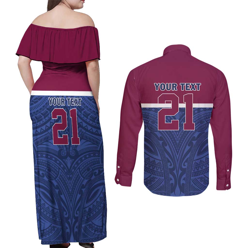 Queensland Samoa Custom Couples Matching Off Shoulder Maxi Dress and Long Sleeve Button Shirt Maroon-Blue Pacific Polynesian Tribal Pattern LT9 - Polynesian Pride