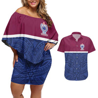 Queensland Samoa Custom Couples Matching Off Shoulder Short Dress and Hawaiian Shirt Maroon-Blue Pacific Polynesian Tribal Pattern LT9 Dark Blue - Polynesian Pride
