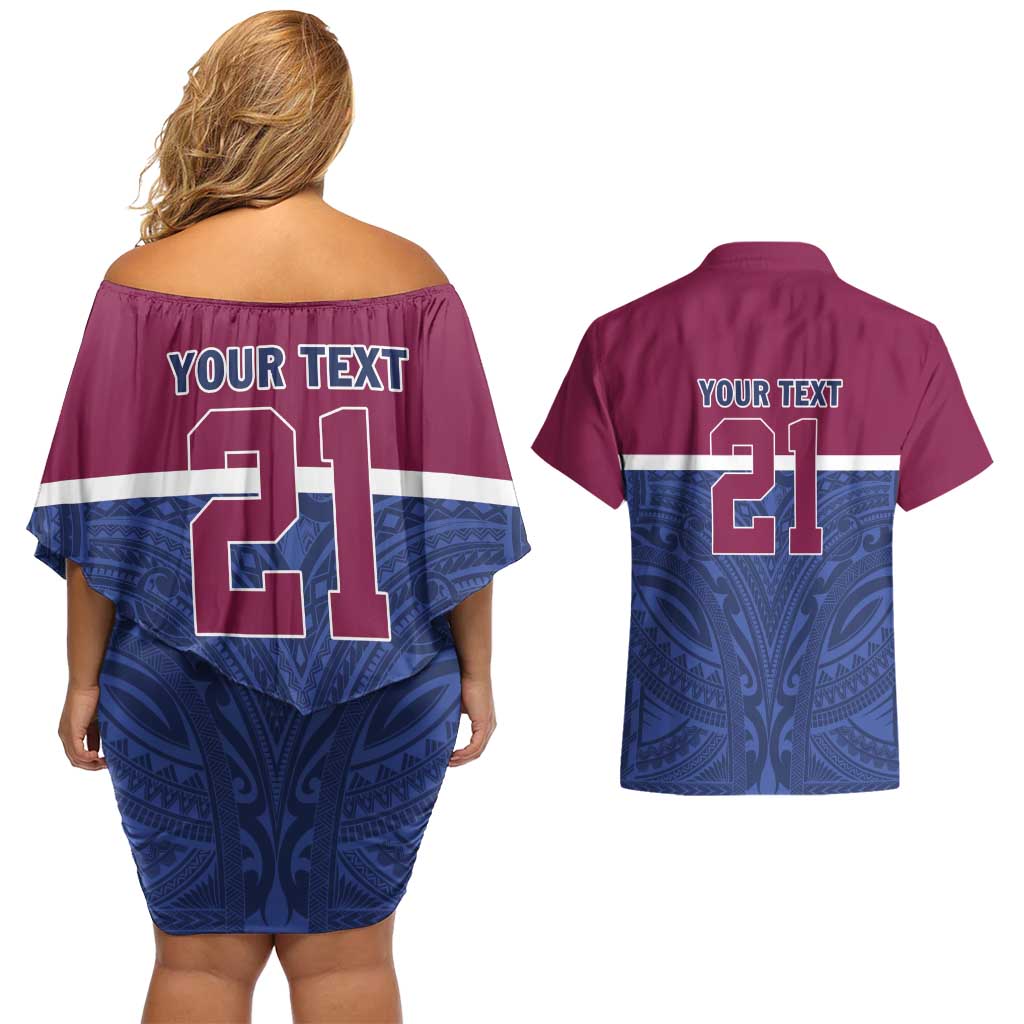 Queensland Samoa Custom Couples Matching Off Shoulder Short Dress and Hawaiian Shirt Maroon-Blue Pacific Polynesian Tribal Pattern LT9 - Polynesian Pride