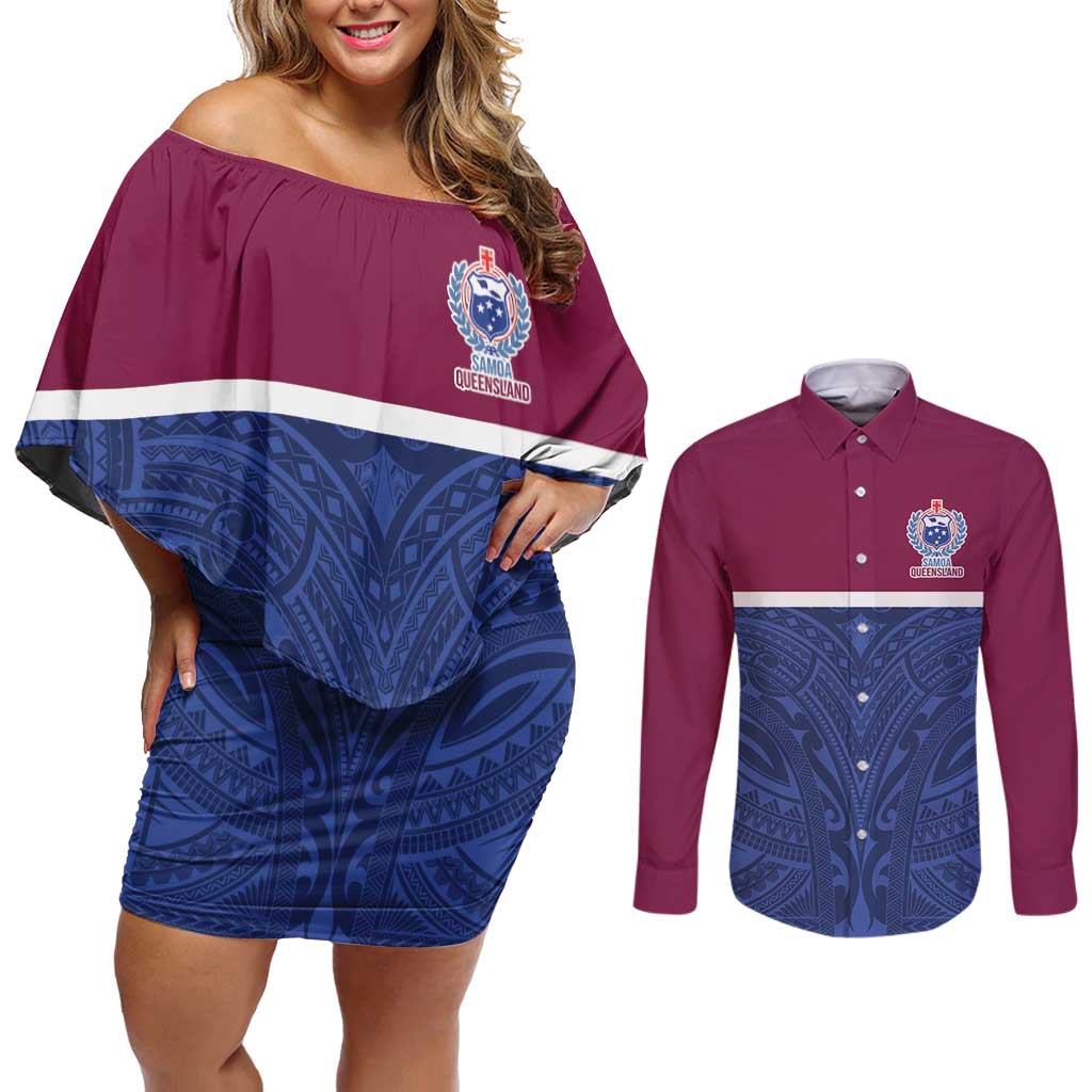 Queensland Samoa Custom Couples Matching Off Shoulder Short Dress and Long Sleeve Button Shirt Maroon-Blue Pacific Polynesian Tribal Pattern LT9 Dark Blue - Polynesian Pride