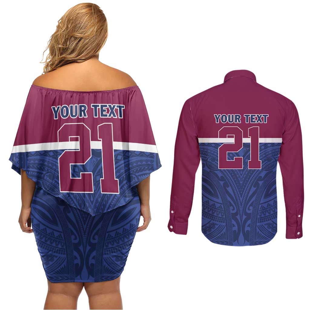 Queensland Samoa Custom Couples Matching Off Shoulder Short Dress and Long Sleeve Button Shirt Maroon-Blue Pacific Polynesian Tribal Pattern LT9 - Polynesian Pride