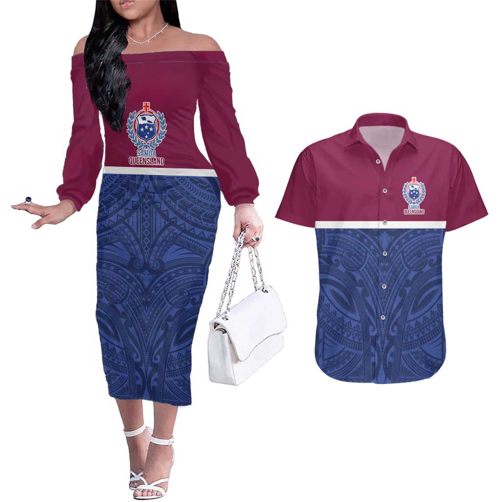 Queensland Samoa Custom Couples Matching Off The Shoulder Long Sleeve Dress and Hawaiian Shirt Maroon-Blue Pacific Polynesian Tribal Pattern LT9 Dark Blue - Polynesian Pride