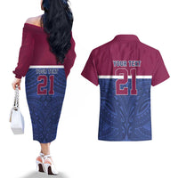 Queensland Samoa Custom Couples Matching Off The Shoulder Long Sleeve Dress and Hawaiian Shirt Maroon-Blue Pacific Polynesian Tribal Pattern LT9 - Polynesian Pride