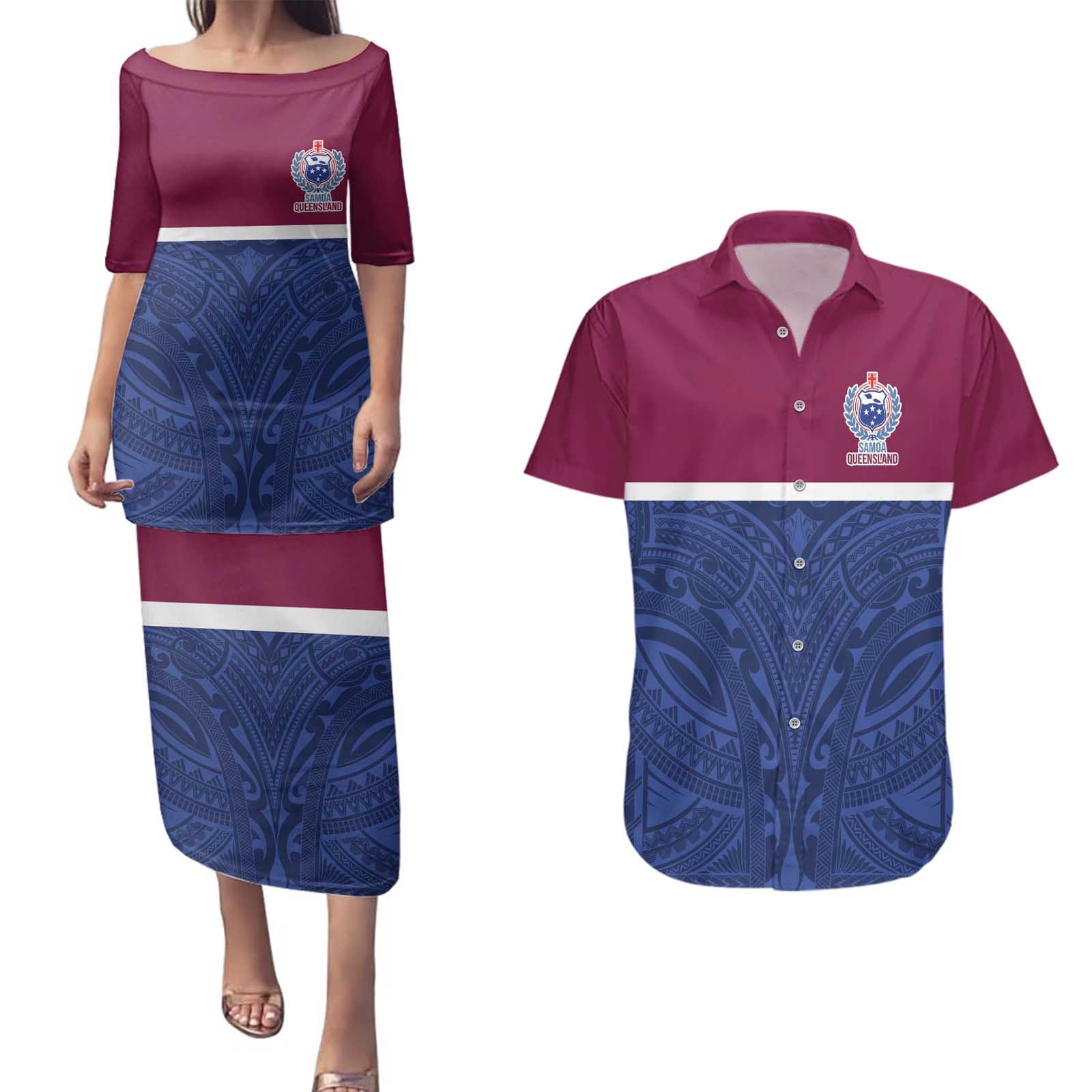 Queensland Samoa Custom Couples Matching Puletasi and Hawaiian Shirt Maroon-Blue Pacific Polynesian Tribal Pattern LT9 Dark Blue - Polynesian Pride