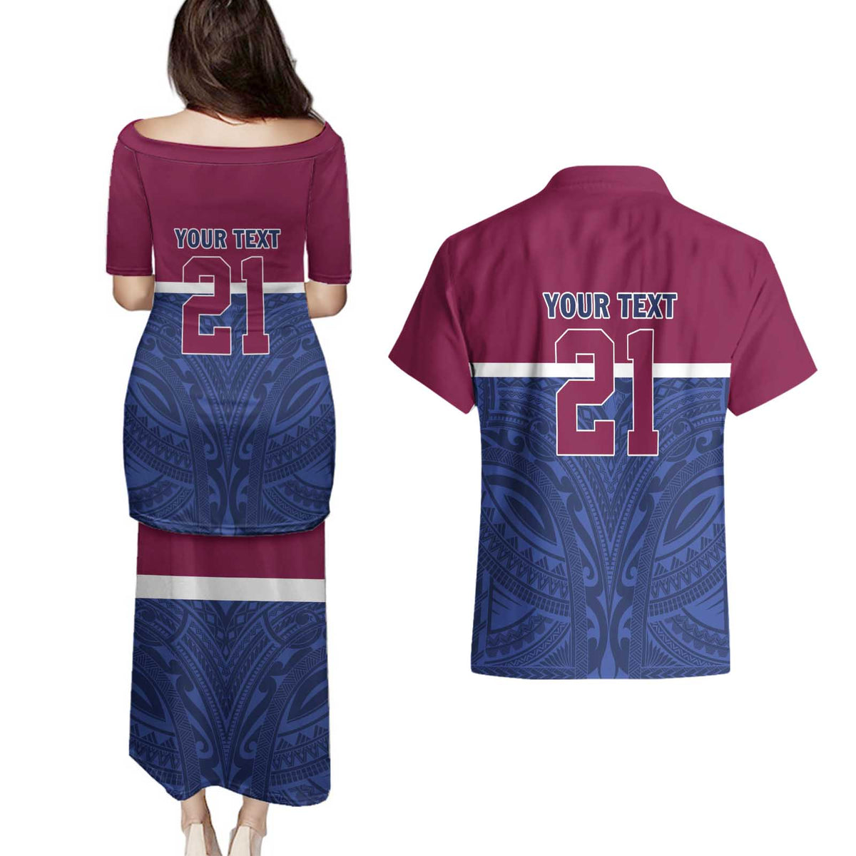 Queensland Samoa Custom Couples Matching Puletasi and Hawaiian Shirt Maroon-Blue Pacific Polynesian Tribal Pattern LT9 - Polynesian Pride