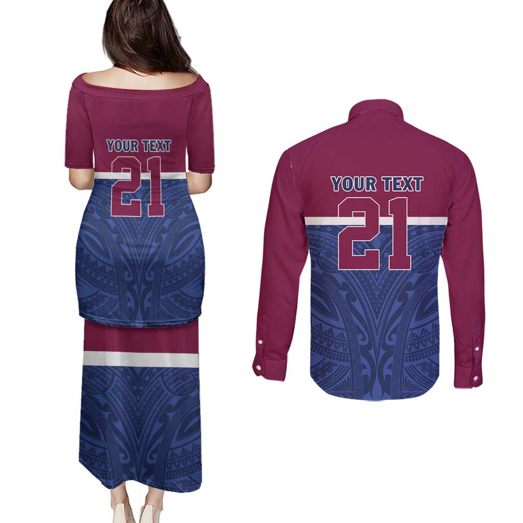 Queensland Samoa Custom Couples Matching Puletasi and Long Sleeve Button Shirt Maroon-Blue Pacific Polynesian Tribal Pattern LT9 - Polynesian Pride