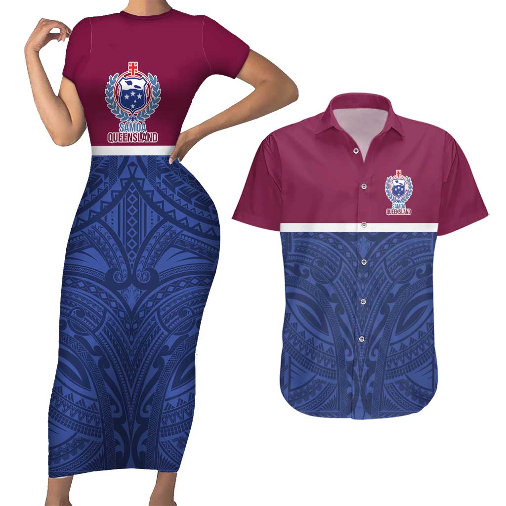 Queensland Samoa Custom Couples Matching Short Sleeve Bodycon Dress and Hawaiian Shirt Maroon-Blue Pacific Polynesian Tribal Pattern LT9 Dark Blue - Polynesian Pride