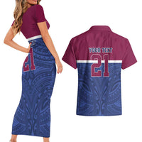 Queensland Samoa Custom Couples Matching Short Sleeve Bodycon Dress and Hawaiian Shirt Maroon-Blue Pacific Polynesian Tribal Pattern LT9 - Polynesian Pride