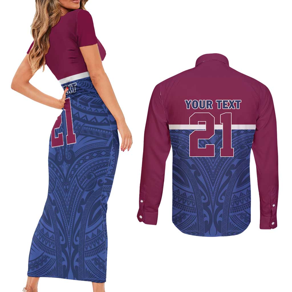 Queensland Samoa Custom Couples Matching Short Sleeve Bodycon Dress and Long Sleeve Button Shirt Maroon-Blue Pacific Polynesian Tribal Pattern LT9 - Polynesian Pride