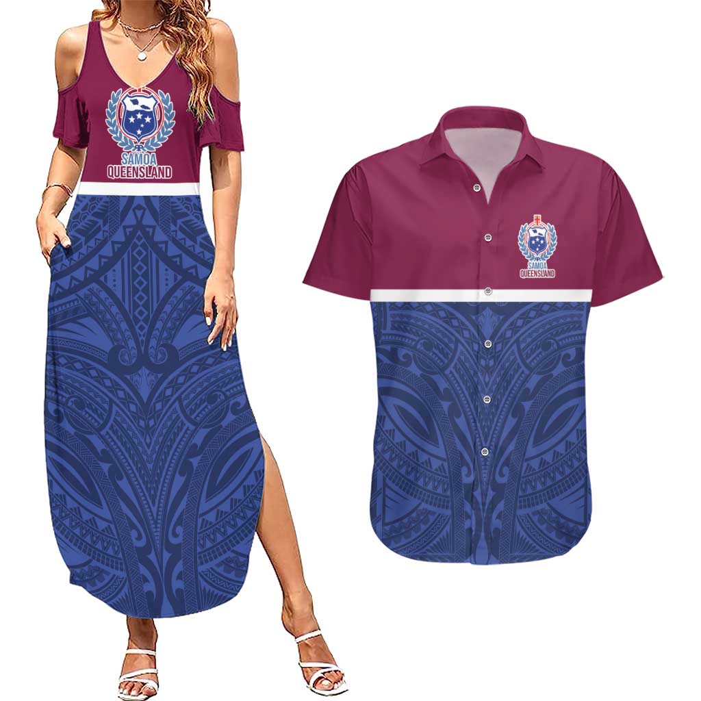 Queensland Samoa Custom Couples Matching Summer Maxi Dress and Hawaiian Shirt Maroon-Blue Pacific Polynesian Tribal Pattern LT9 Dark Blue - Polynesian Pride
