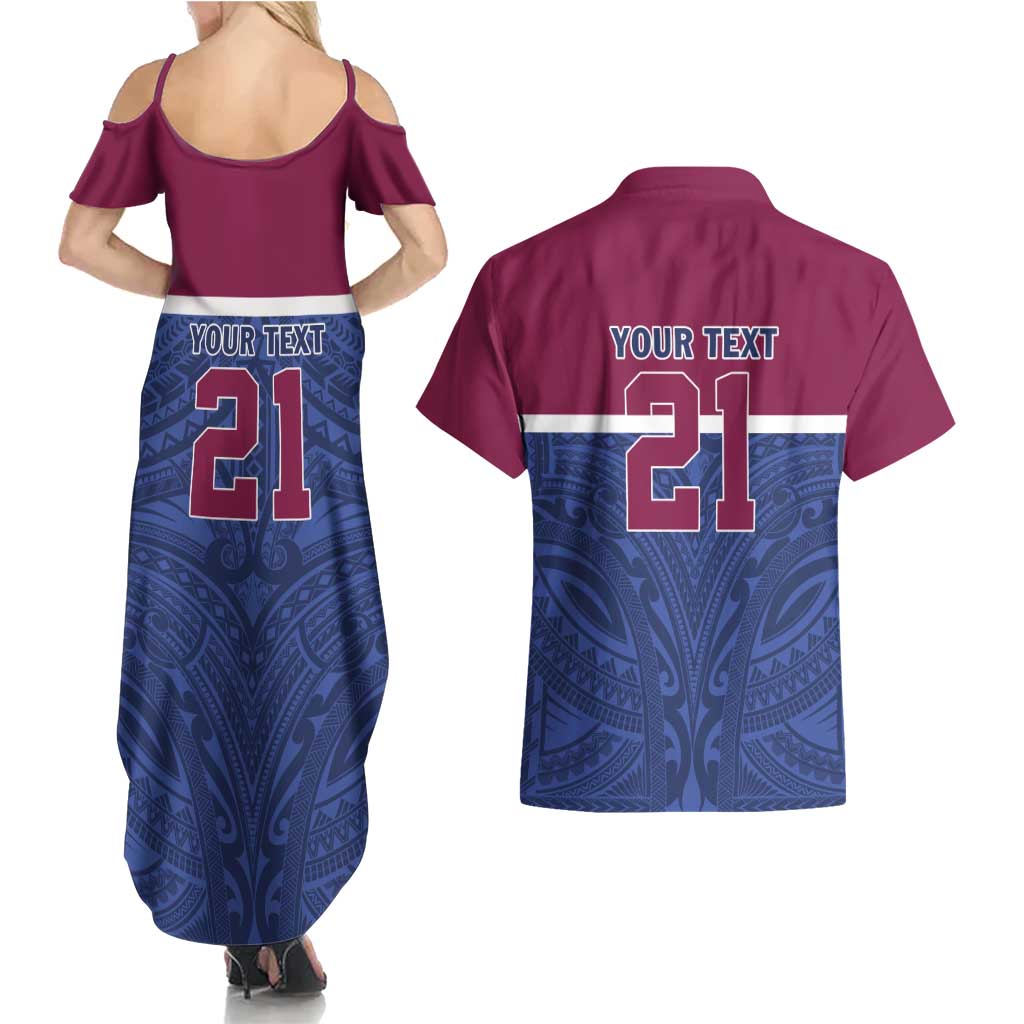 Queensland Samoa Custom Couples Matching Summer Maxi Dress and Hawaiian Shirt Maroon-Blue Pacific Polynesian Tribal Pattern LT9 - Polynesian Pride