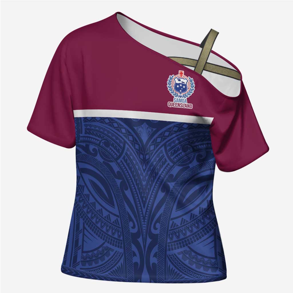 Queensland Samoa Custom Cross Shoulder Shirt Maroon-Blue Pacific Polynesian Tribal Pattern LT9 Female Dark Blue - Polynesian Pride