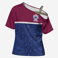 Queensland Samoa Custom Cross Shoulder Shirt Maroon-Blue Pacific Polynesian Tribal Pattern LT9 Female Dark Blue - Polynesian Pride