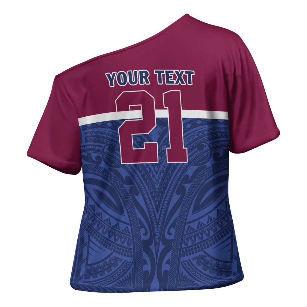 Queensland Samoa Custom Cross Shoulder Shirt Maroon-Blue Pacific Polynesian Tribal Pattern LT9 - Polynesian Pride