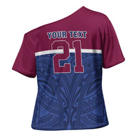 Queensland Samoa Custom Cross Shoulder Shirt Maroon-Blue Pacific Polynesian Tribal Pattern LT9 - Polynesian Pride