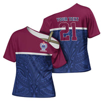Queensland Samoa Custom Cross Shoulder Shirt Maroon-Blue Pacific Polynesian Tribal Pattern LT9 - Polynesian Pride