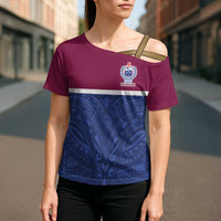 Queensland Samoa Custom Cross Shoulder Shirt Maroon-Blue Pacific Polynesian Tribal Pattern LT9 - Polynesian Pride