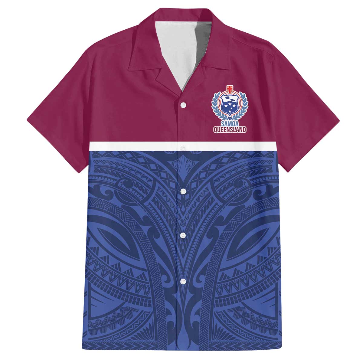 Queensland Samoa Custom Family Matching Off The Shoulder Long Sleeve Dress and Hawaiian Shirt Maroon-Blue Pacific Polynesian Tribal Pattern