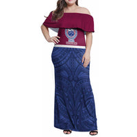 Queensland Samoa Custom Family Matching Off Shoulder Maxi Dress and Hawaiian Shirt Maroon-Blue Pacific Polynesian Tribal Pattern