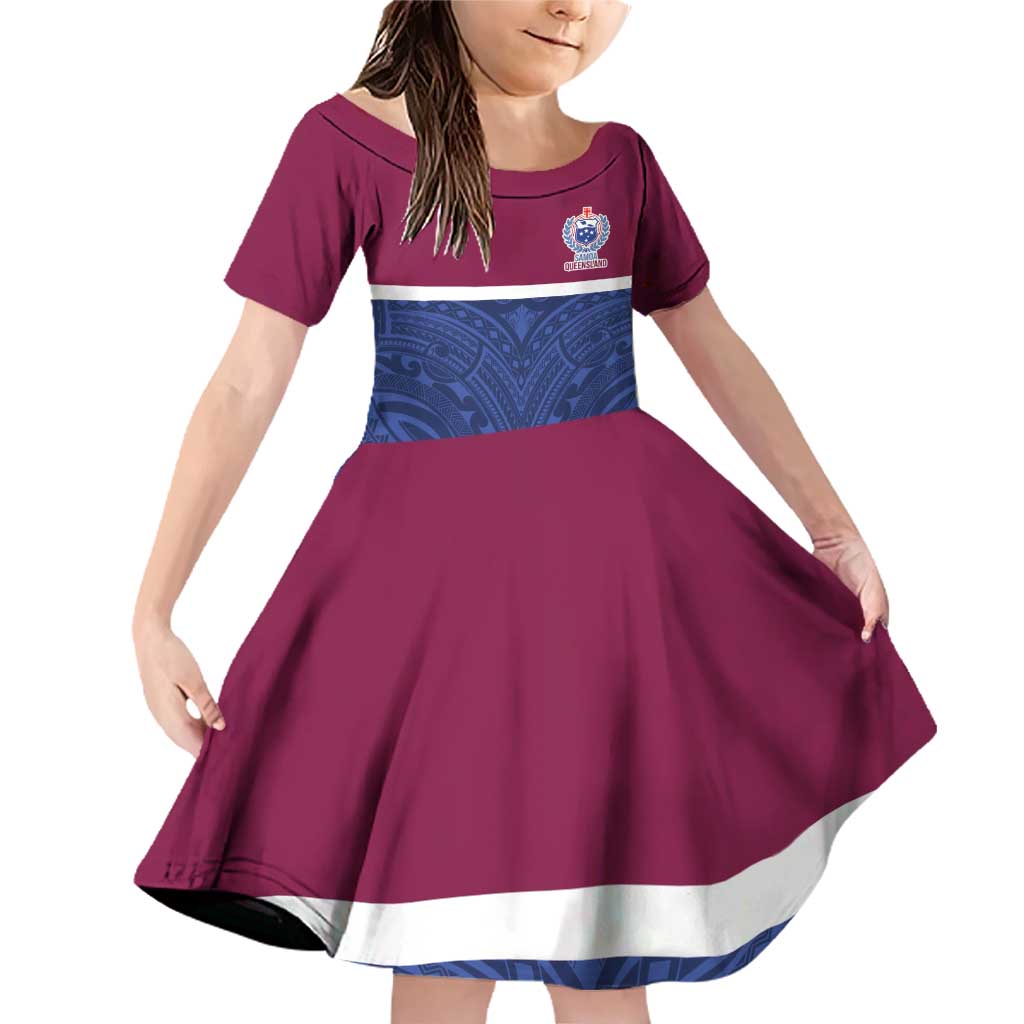 Queensland Samoa Custom Family Matching Off Shoulder Short Dress and Hawaiian Shirt Maroon-Blue Pacific Polynesian Tribal Pattern