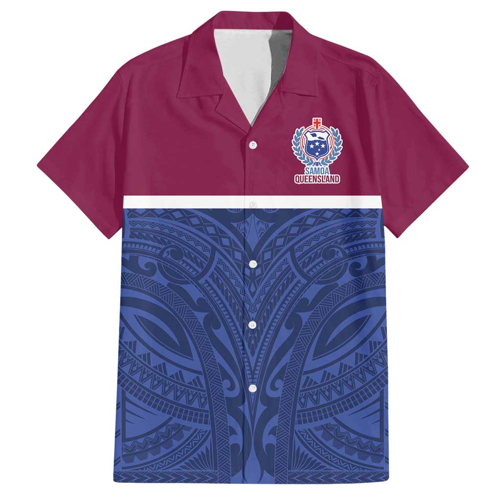 Queensland Samoa Custom Family Matching Off Shoulder Short Dress and Hawaiian Shirt Maroon-Blue Pacific Polynesian Tribal Pattern