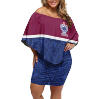 Queensland Samoa Custom Family Matching Off Shoulder Short Dress and Hawaiian Shirt Maroon-Blue Pacific Polynesian Tribal Pattern