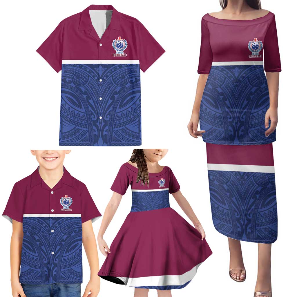 Queensland Samoa Custom Family Matching Puletasi and Hawaiian Shirt Maroon-Blue Pacific Polynesian Tribal Pattern