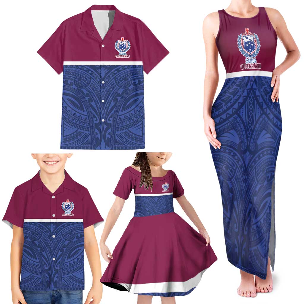 Queensland Samoa Custom Family Matching Tank Maxi Dress and Hawaiian Shirt Maroon-Blue Pacific Polynesian Tribal Pattern