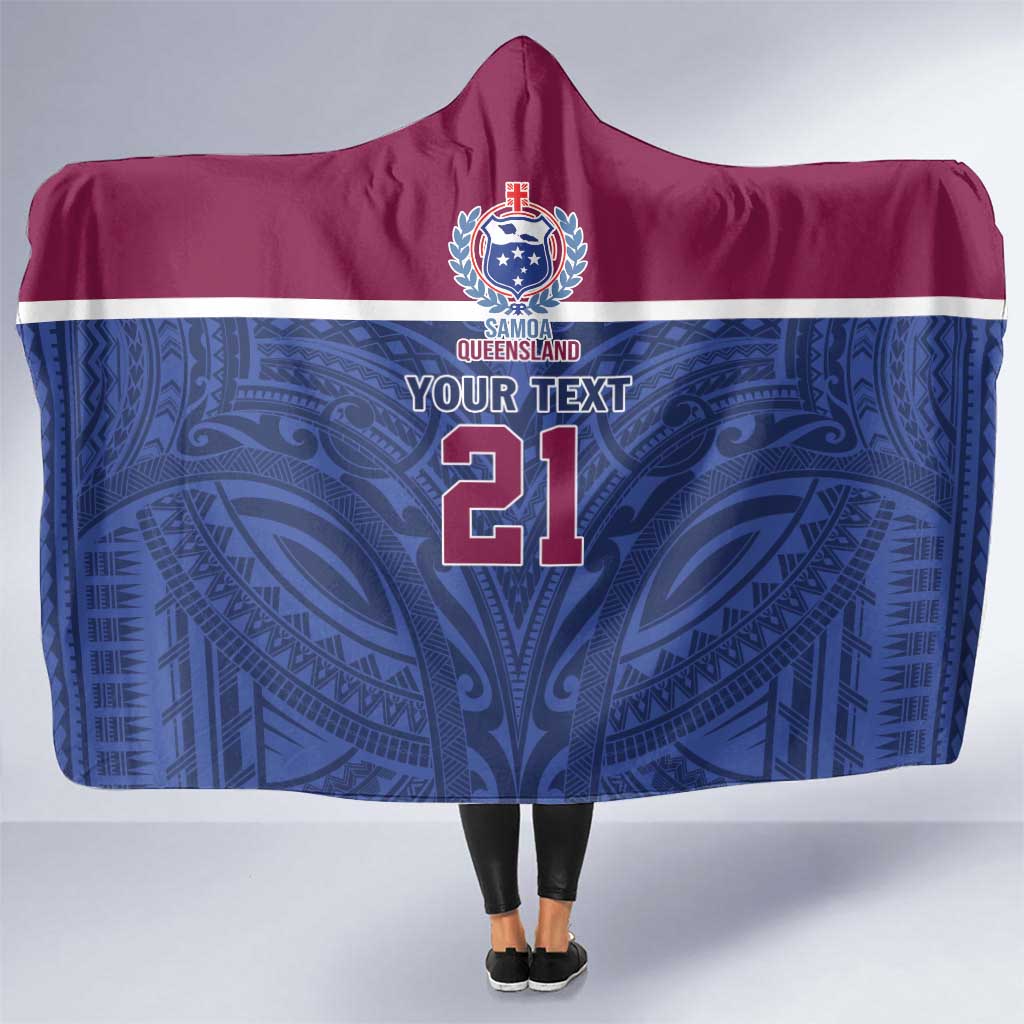 Queensland Samoa Custom Hooded Blanket Maroon-Blue Pacific Polynesian Tribal Pattern