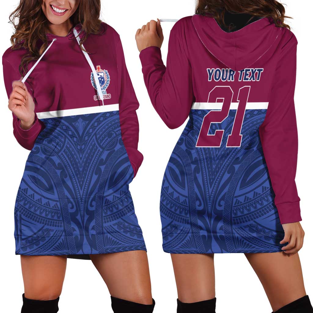 Queensland Samoa Custom Hoodie Dress Maroon-Blue Pacific Polynesian Tribal Pattern LT9 - Polynesian Pride