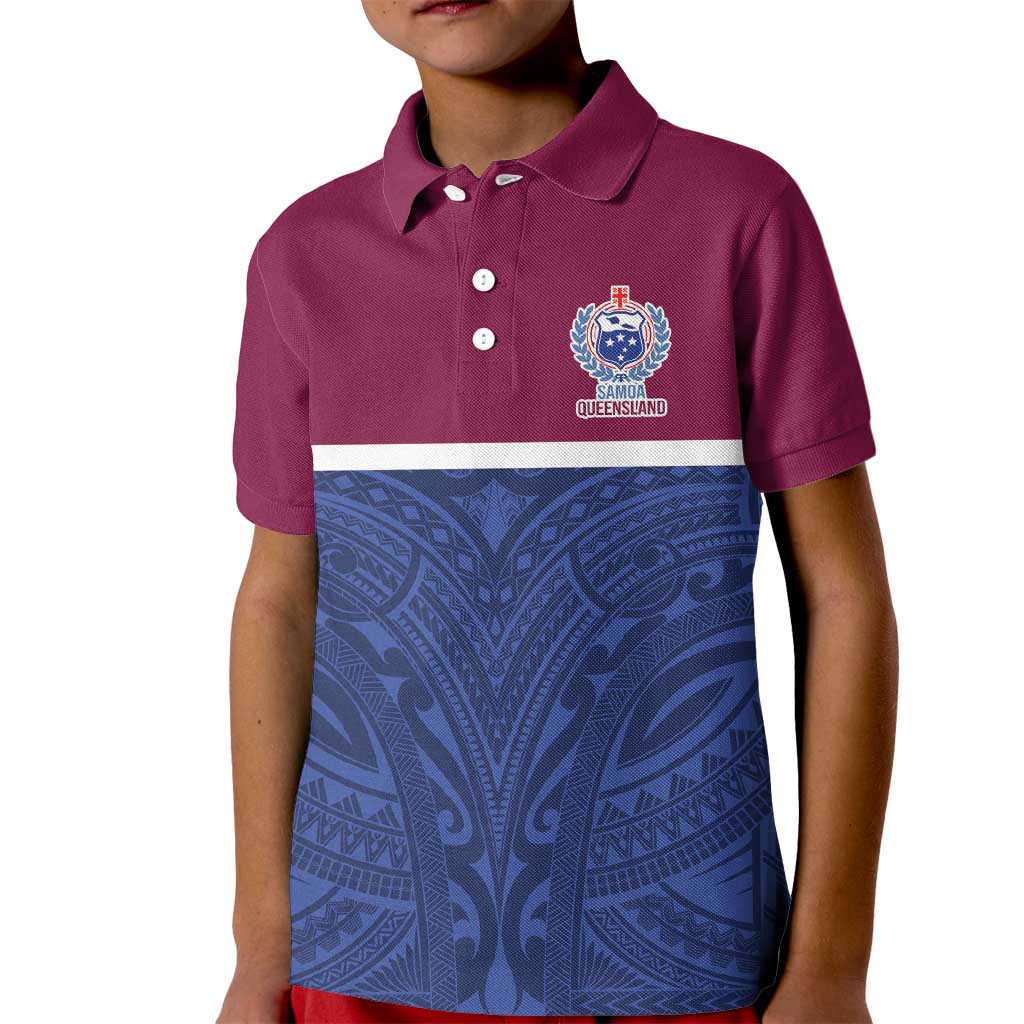 Queensland Samoa Custom Kid Polo Shirt Maroon-Blue Pacific Polynesian Tribal Pattern