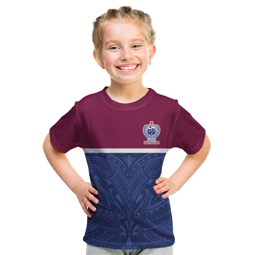 Queensland Samoa Custom Kid T Shirt Maroon-Blue Pacific Polynesian Tribal Pattern