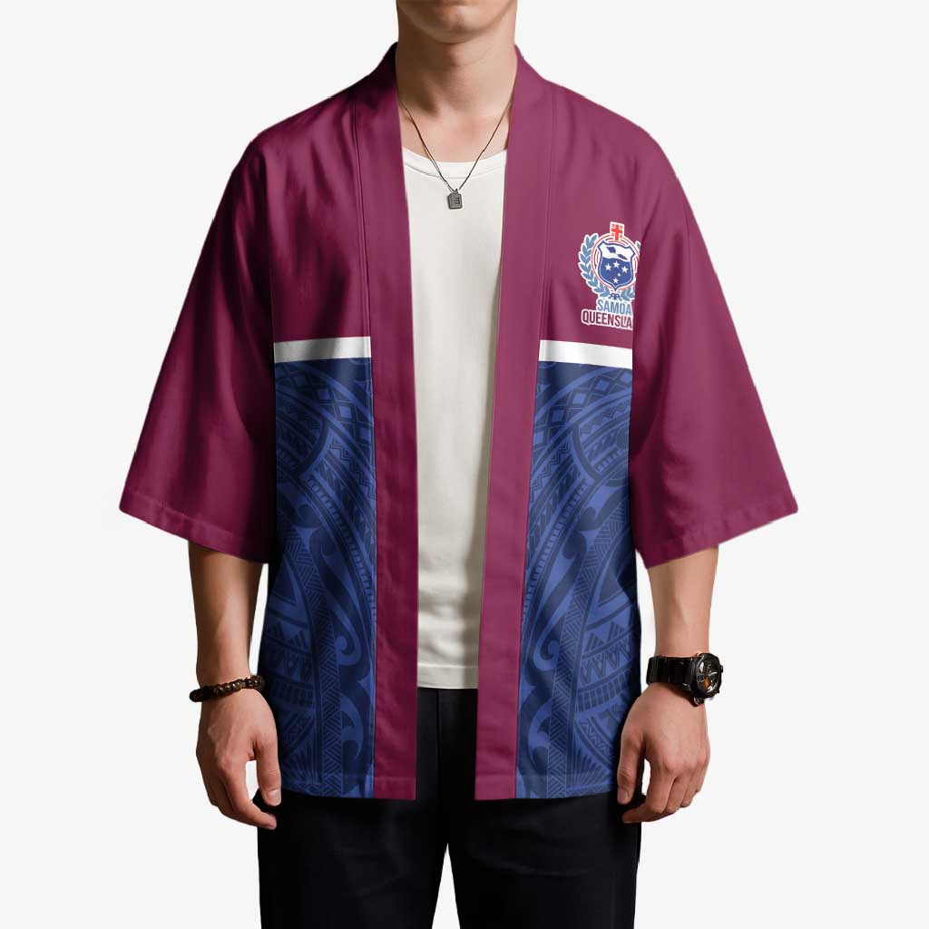 Queensland Samoa Custom Kimono Maroon-Blue Pacific Polynesian Tribal Pattern LT9 - Polynesian Pride