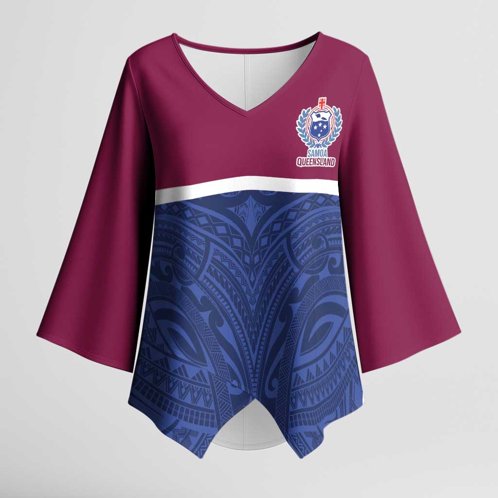 Queensland Samoa Custom Kimono Sleeve Blouse Maroon-Blue Pacific Polynesian Tribal Pattern LT9 Female Dark Blue - Polynesian Pride