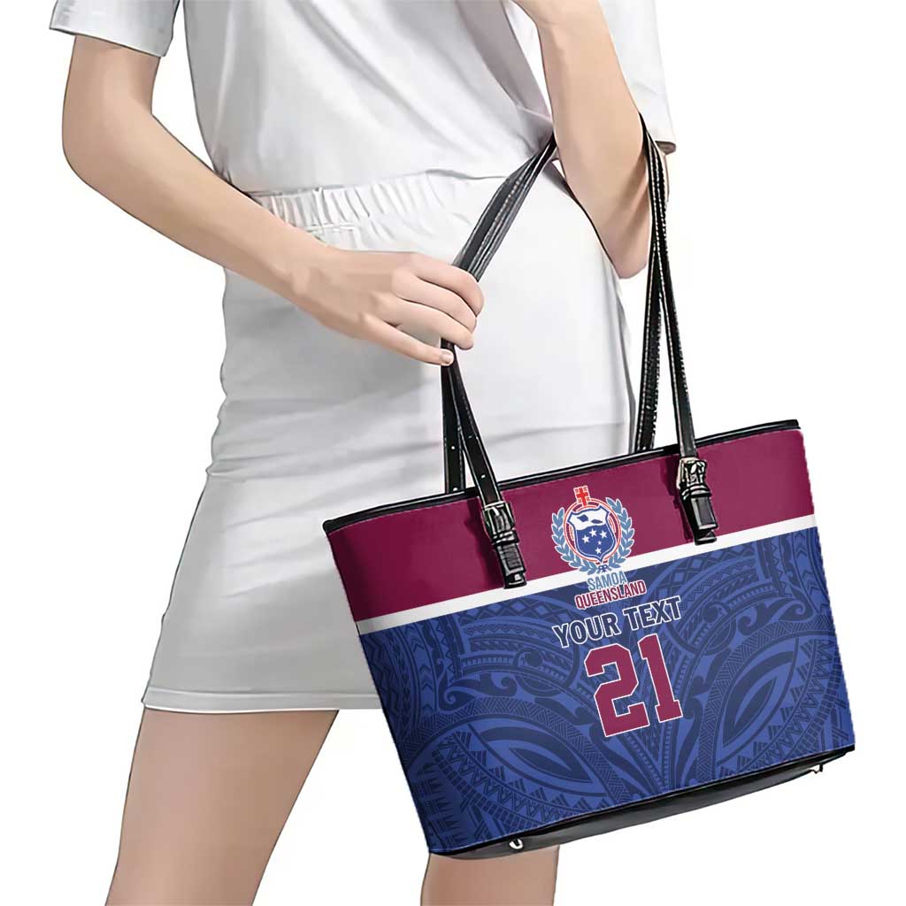 Queensland Samoa Custom Leather Tote Bag Maroon-Blue Pacific Polynesian Tribal Pattern