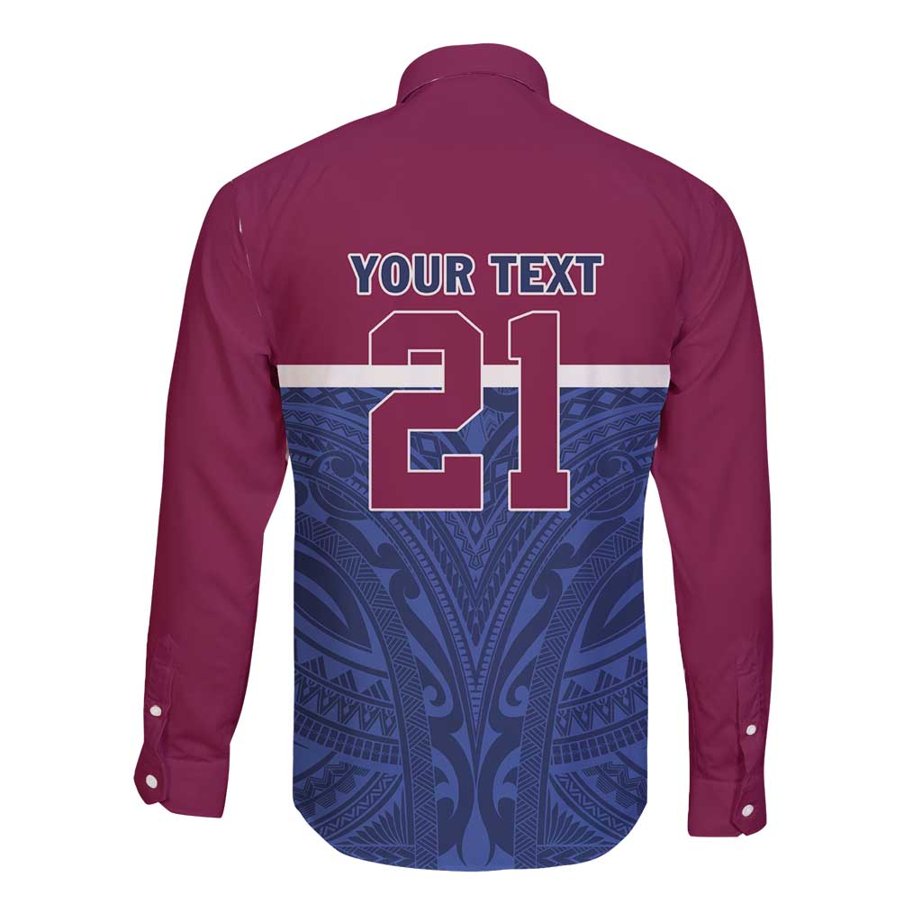 Queensland Samoa Custom Long Sleeve Button Shirt Maroon-Blue Pacific Polynesian Tribal Pattern LT9 - Polynesian Pride