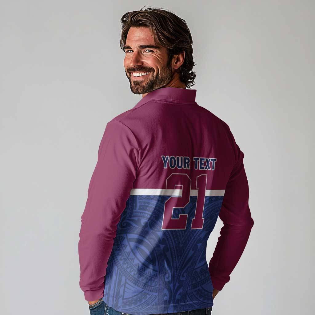 Queensland Samoa Custom Long Sleeve Polo Shirt Maroon-Blue Pacific Polynesian Tribal Pattern
