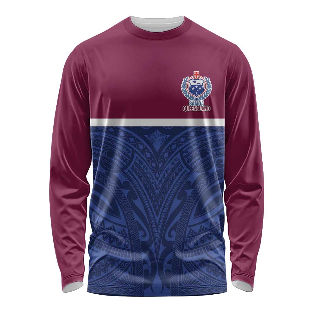 Queensland Samoa Custom Long Sleeve Shirt Maroon-Blue Pacific Polynesian Tribal Pattern LT9 Unisex Dark Blue - Polynesian Pride
