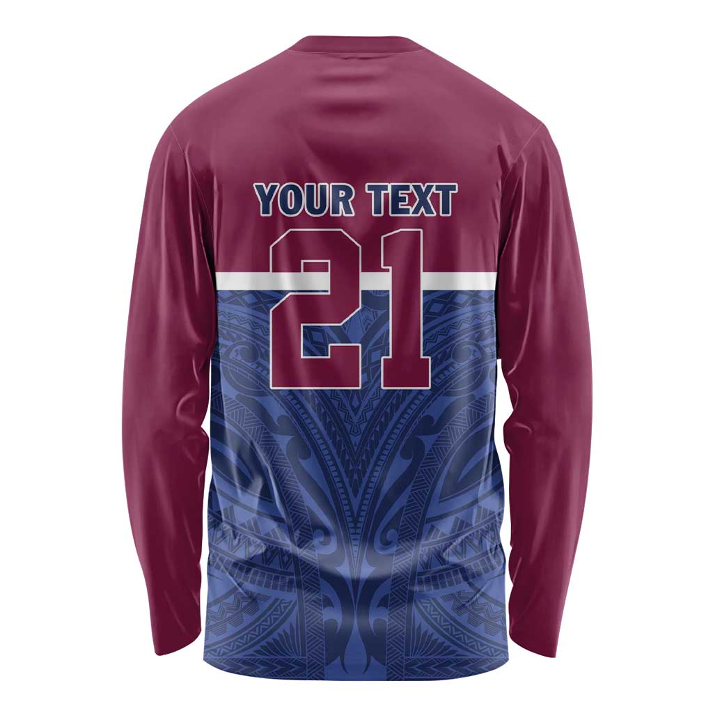 Queensland Samoa Custom Long Sleeve Shirt Maroon-Blue Pacific Polynesian Tribal Pattern LT9 - Polynesian Pride
